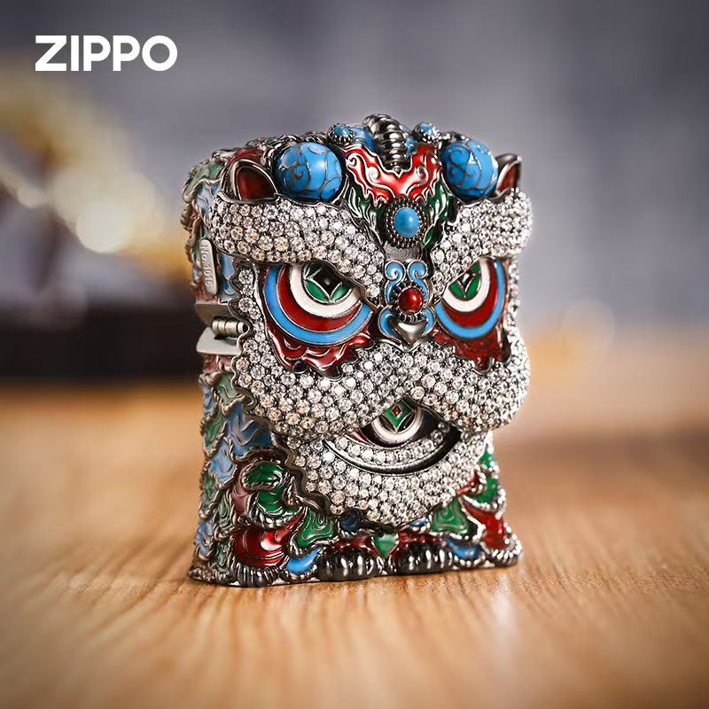 Zippo official genuine case gold-plated enamel smart lion national style New Year high-grade holiday gift to boyfriend